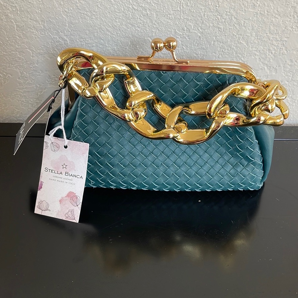 NWT Stella Bianca Italian Woven Leather Clutch Bag in Teal.